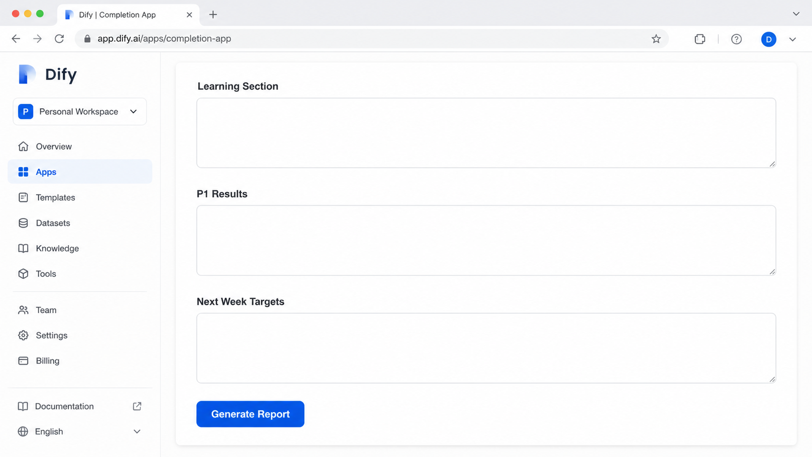 My Dify completion app for weekly report generation