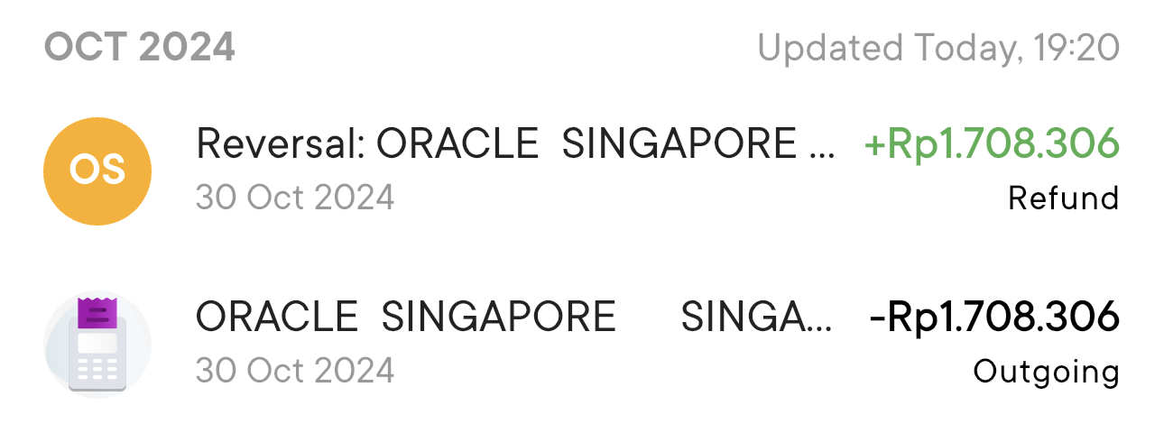The $100 hold from Oracle on my Bank Jago. It got reverted instantly