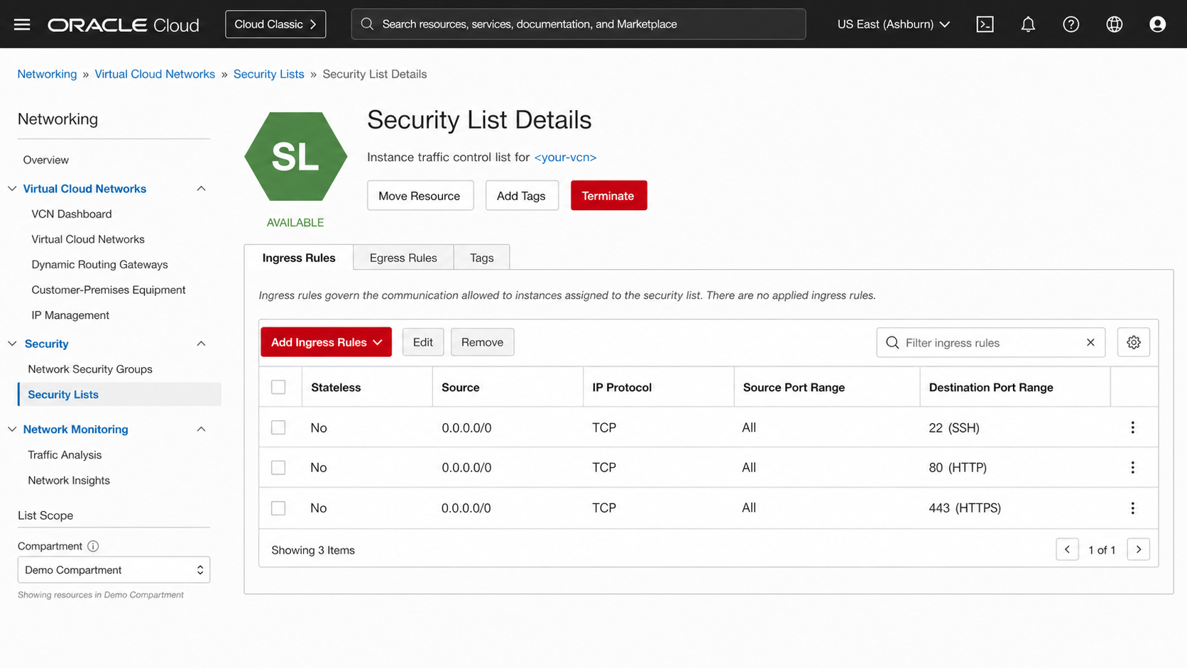 The Security List page, where Oracle's firewall actually lives
